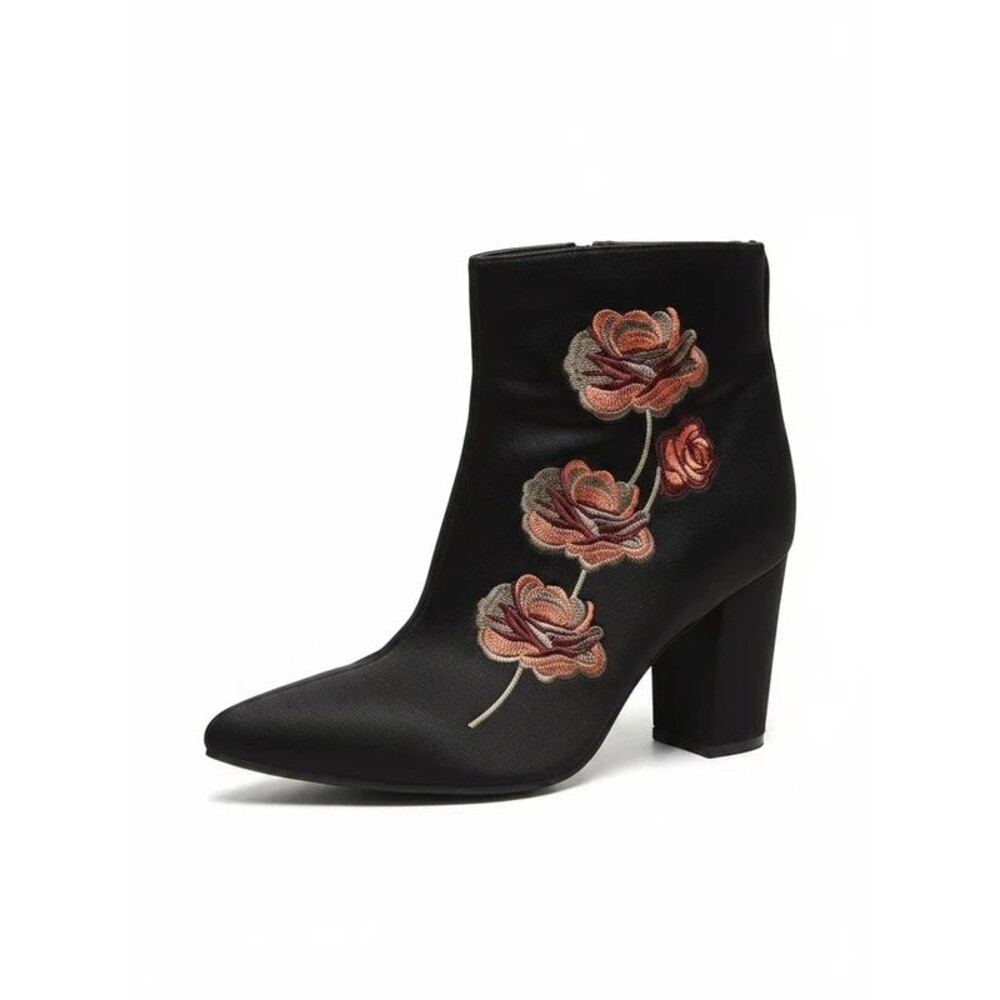 Rose flower black ankle boots